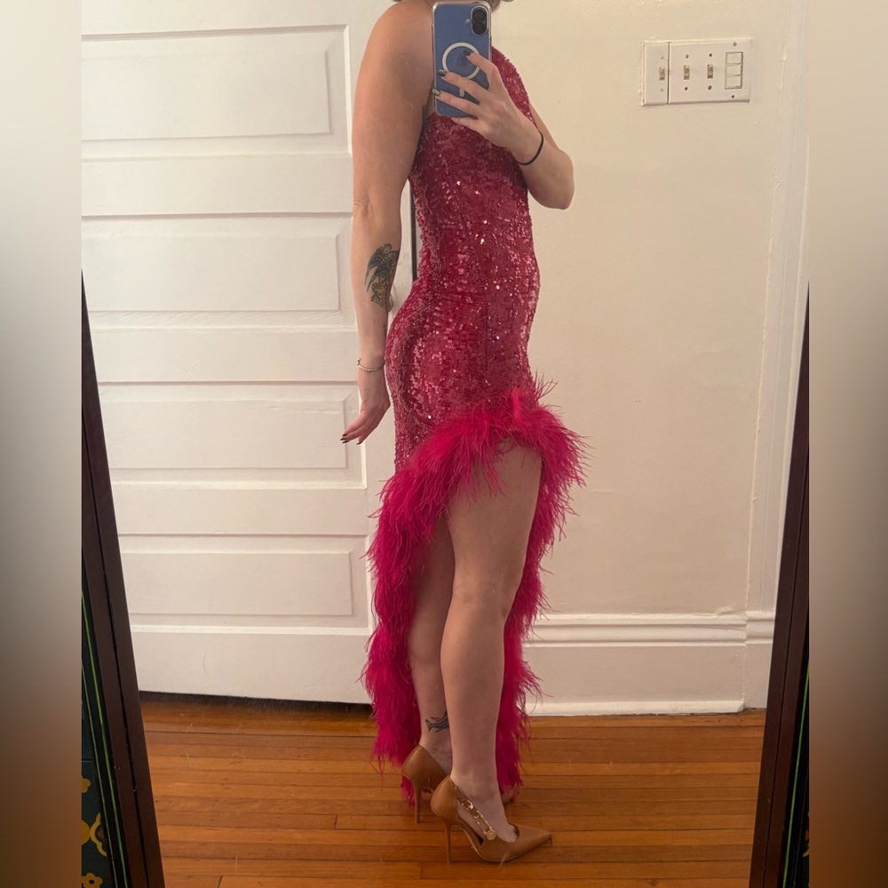 BNWT Lapointe sequin feather one shoulder midi dress size 0 in ultra pink - Picture 5 of 15